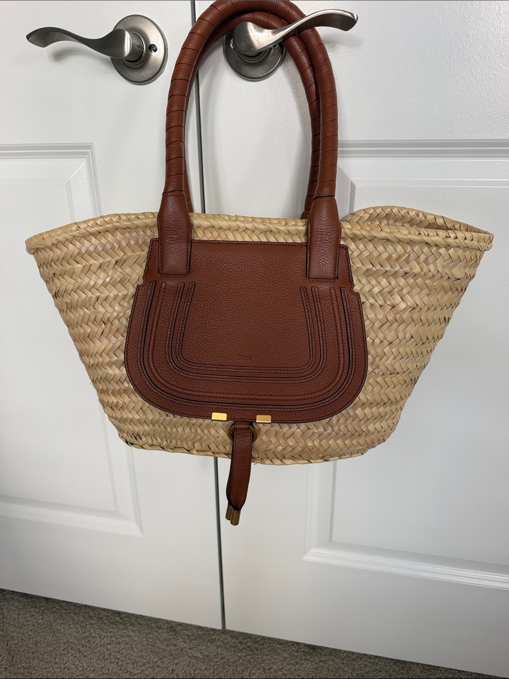 Chloe Marcie Basket Bag with Brown Leather Trim and Gold Hardware